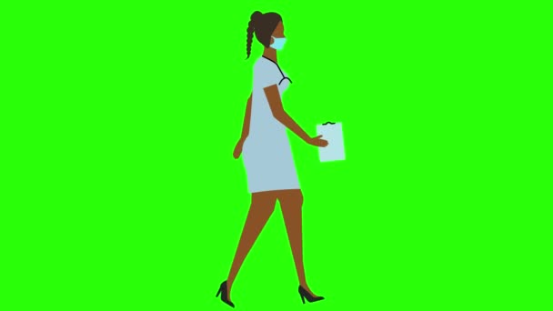 女医生行走循环无缝环路 面罩版本 绿色屏幕彩色键动画 平面设计 — 图库视频影像