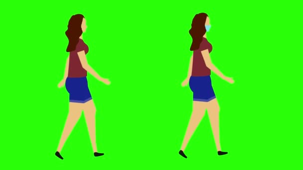 Wanita Berjalan Siklus Mulus Wajah Versi Topeng Layar Hijau Animasi — Stok Video