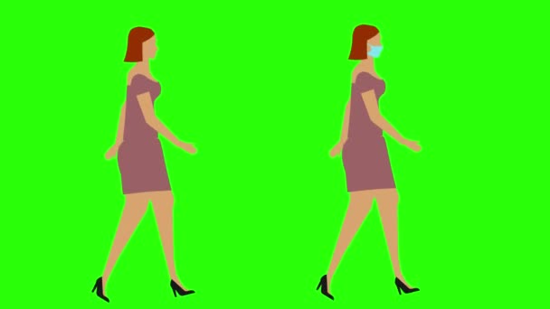 女行走循环无缝环路 面罩版本 绿色屏幕彩色键动画 平面设计 — 图库视频影像