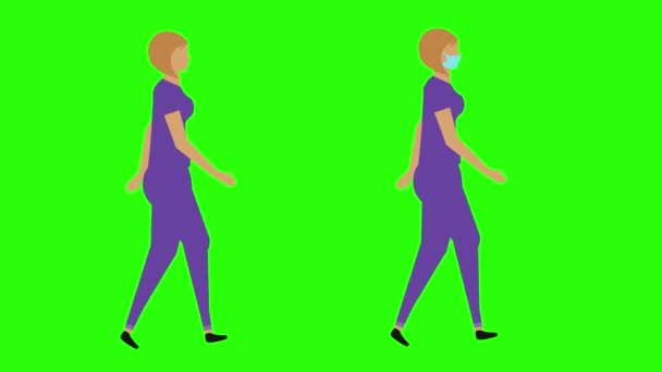 女行走循环无缝环路 面罩版本 绿色屏幕彩色键动画 平面设计 — 图库视频影像