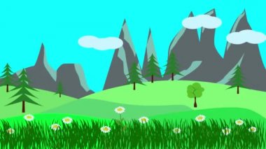 Çizgi film manzarası, bahar sezonu çiçekli animasyonu, düz tasarım.