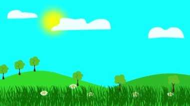 Çizgi film manzarası, bahar sezonu çiçekli animasyonu, düz tasarım.