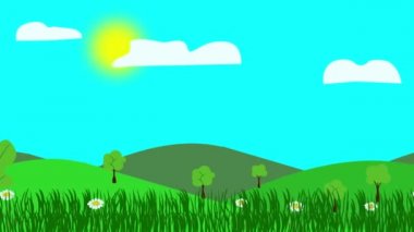 Çizgi film manzarası, bahar sezonu çiçekli animasyonu, düz tasarım.