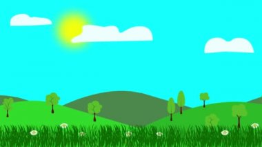 Çizgi film manzarası, bahar sezonu çiçekli animasyonu, düz tasarım.