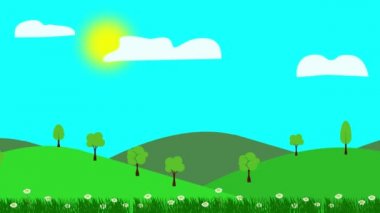 Çizgi film manzarası, bahar sezonu çiçekli animasyonu, düz tasarım.