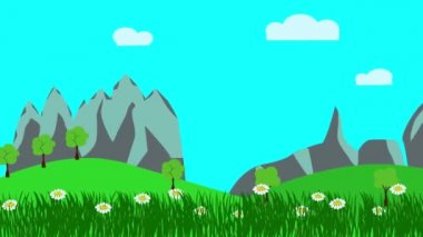 Çizgi film manzarası, bahar sezonu çiçekli animasyonu, düz tasarım.