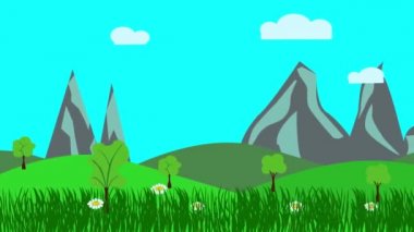 Çizgi film manzarası, bahar sezonu çiçekli animasyonu, düz tasarım.
