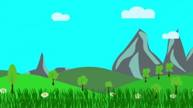 Çizgi film manzarası, bahar sezonu çiçekli animasyonu, düz tasarım.