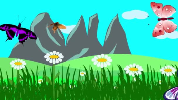 Мультфильм Пейзаж Весенняя Анимация Цветами Бабочкой — стоковое видео