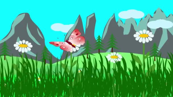 Pejzaż Kreskówek Wiosenny Sezon Animacja Kwiatami Motylem — Wideo stockowe