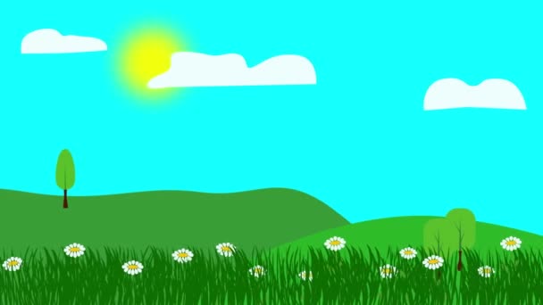 Cartoon Landscape Spring Season Animation Flowers Flat Design — Stock Video