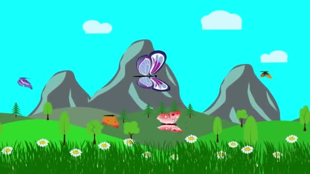 Cartoon Landscape Animasi Musim Semi Dengan Bunga Dan Kupu Kupu — Stok Video