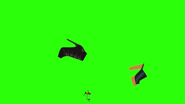 Анимирование Элементов Группы Женской Обуви Зеленом Цветном Экране — стоковое видео