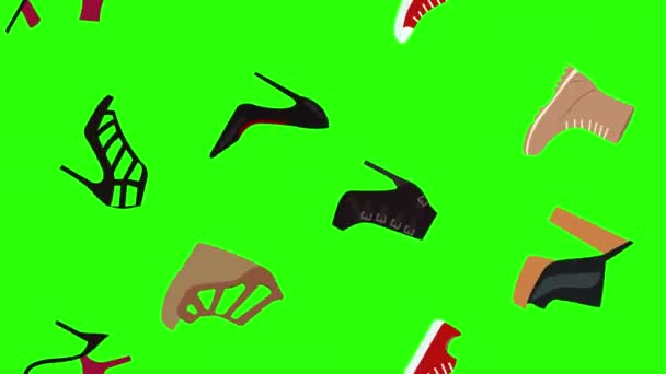 Animation Von Frauenschuhen Gruppenelemente Auf Grünem Bildschirm Chroma Taste — Stockvideo