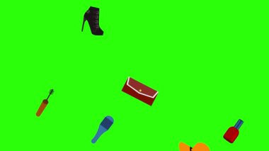 Kadın moda öğeleri animasyonu yeşil ekran krom anahtarı, düz tasarım