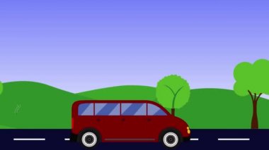 Tepelerin doğa animasyonu, yolda çalışan araba, düz tasarım, kusursuz döngü.