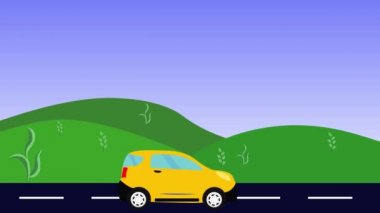 Tepelerin doğa animasyonu, yolda çalışan araba, düz tasarım, kusursuz döngü.