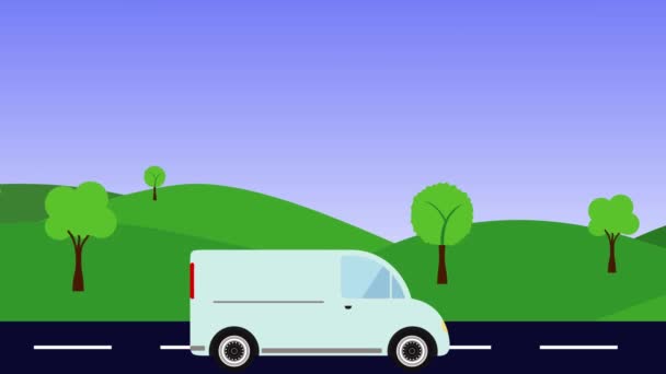 Krajobraz Przyrodniczy Animacja Wzgórz Uruchomiony Samochód Drodze Płaski Design Płynna — Wideo stockowe