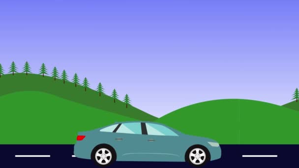 Nature Landscape Animation Hills Running Car Road Flat Design Seamless — стоковое видео