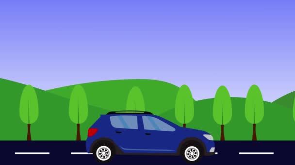 Nature Landscape Animation Hills Running Car Road Flat Design Seamless — Stock Video