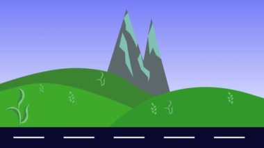 Tepelerin, dağın ve yolun doğa animasyonu, düz tasarım, kusursuz döngü