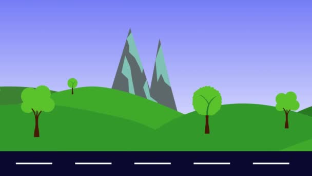 Naturaleza Animación Del Paisaje Colinas Montaña Carretera Diseño Plano Bucle — Vídeo de stock