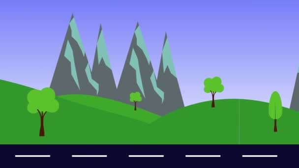 Krajobraz Przyrodniczy Animacja Wzgórz Góry Drogi Płaski Design Płynna Pętla — Wideo stockowe