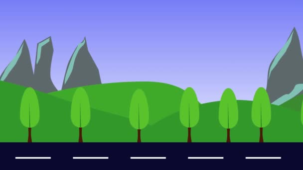 Природный Пейзаж Анимация Холмов Горы Дороги Плоский Дизайн Бесшовный Цикл — стоковое видео
