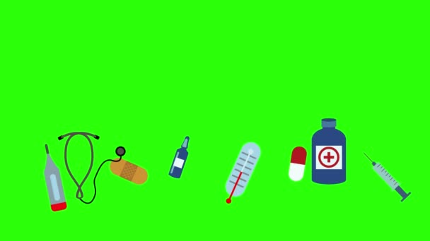 ストップモーショングリーン画面上の医療ツールグループアニメーションクロマキー — ストック動画