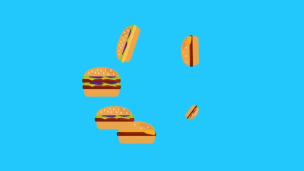 Animatie Van Hamburgers Groep Plat Ontwerp Blauw Scherm Chroma Sleutel — Stockvideo