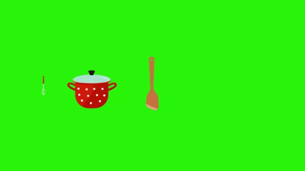 Pişirme Araçlarının Animasyonu Yeşil Ekran Kroma Anahtar Grafik Kaynak Elementleri — Stok video