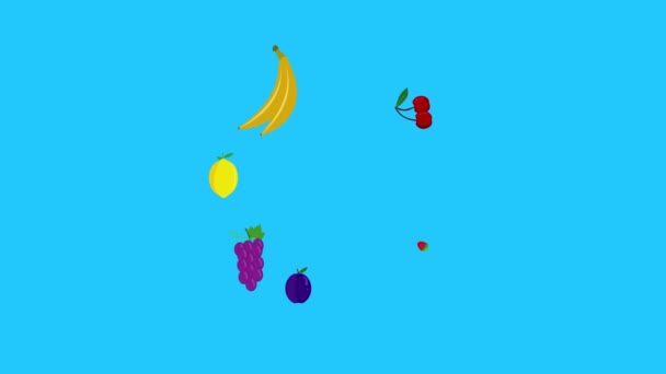 Grupa Owoców Animacja Niebieski Ekran Wyjmowane Tło Klawisz Chroma Płaski — Wideo stockowe
