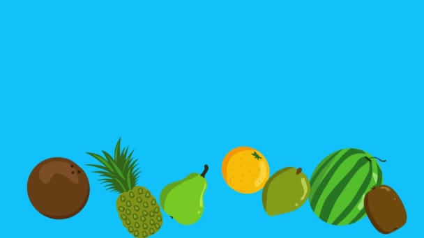 Gruppe Von Früchten Animation Blauer Bildschirm Abnehmbarer Hintergrund Chroma Taste — Stockvideo