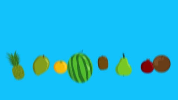 一组水果动画 蓝色屏幕 可移动背景 彩色键 平面卡通设计 — 图库视频影像