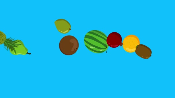 一组水果动画 蓝色屏幕 可移动背景 彩色键 平面卡通设计 — 图库视频影像