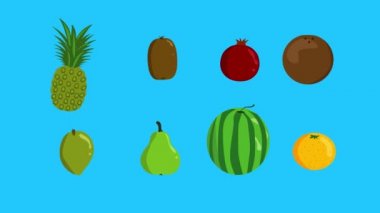 meyve animasyonu grubu, mavi ekran, çıkarılabilir arkaplan, krom anahtar, düz çizgi film tasarımı