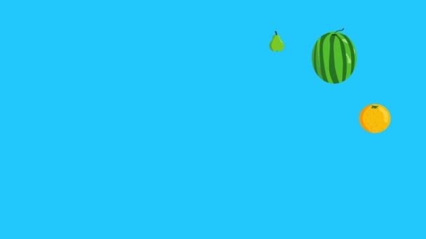 Gruppe Von Früchten Animation Blauer Bildschirm Abnehmbarer Hintergrund Chroma Taste — Stockvideo