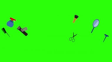 Berber dükkanı araçları yeşil ekran krom anahtar üzerinde düz elementler animasyonu