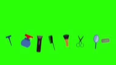 Berber dükkanı araçları yeşil ekran krom anahtar üzerinde düz elementler animasyonu