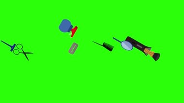 Berber dükkanı araçları yeşil ekran krom anahtar üzerinde düz elementler animasyonu