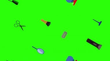 Berber dükkanı araçları yeşil ekran krom anahtar üzerinde düz elementler animasyonu