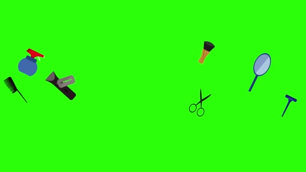 Barber Shop Tools Platte Elementen Animatie Groen Scherm Chroma Sleutel — Stockvideo