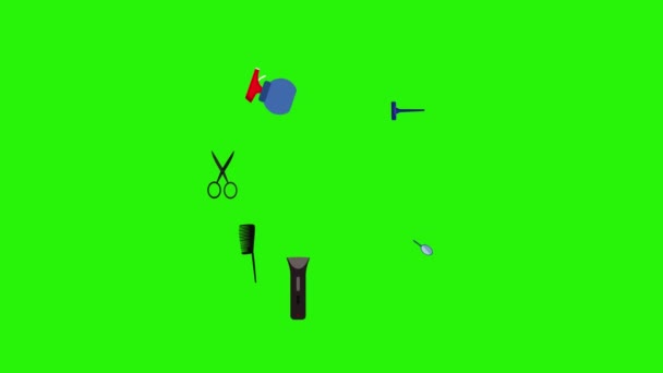 Nástroje holičství ploché prvky animace na zelené obrazovce chroma key