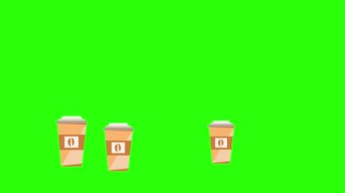 Yeşil ekran krom anahtar üzerindeki kahve fincanlarının canlandırılması, düz tasarım elementleri