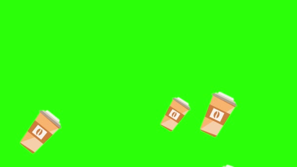 Animatie Van Koffiekopjes Groen Scherm Chroma Sleutel Platte Design Elementen — Stockvideo