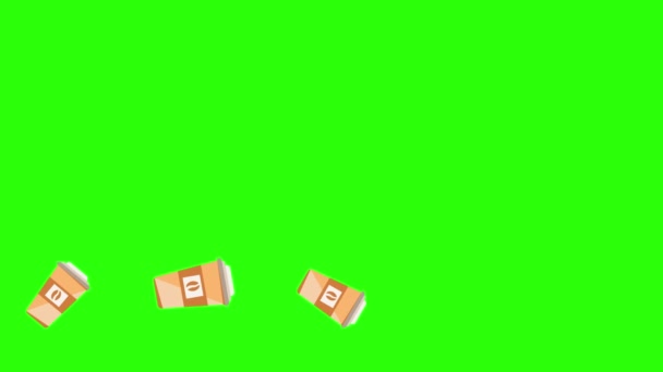 Animatie Van Koffiekopjes Groen Scherm Chroma Sleutel Platte Design Elementen — Stockvideo