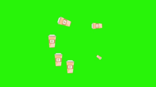 Animatie Van Koffiekopjes Groen Scherm Chroma Sleutel Platte Design Elementen — Stockvideo