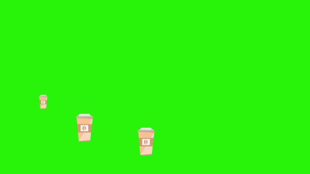 Animatie Van Koffiekopjes Groen Scherm Chroma Sleutel Platte Design Elementen — Stockvideo