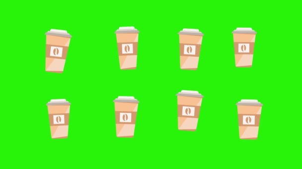 Animatie Van Koffiekopjes Groen Scherm Chroma Sleutel Platte Design Elementen — Stockvideo