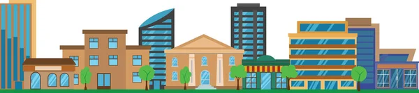 Beyaz düz vektör tasarımında izole edilmiş şehir binalarının panoramik görüntüsü